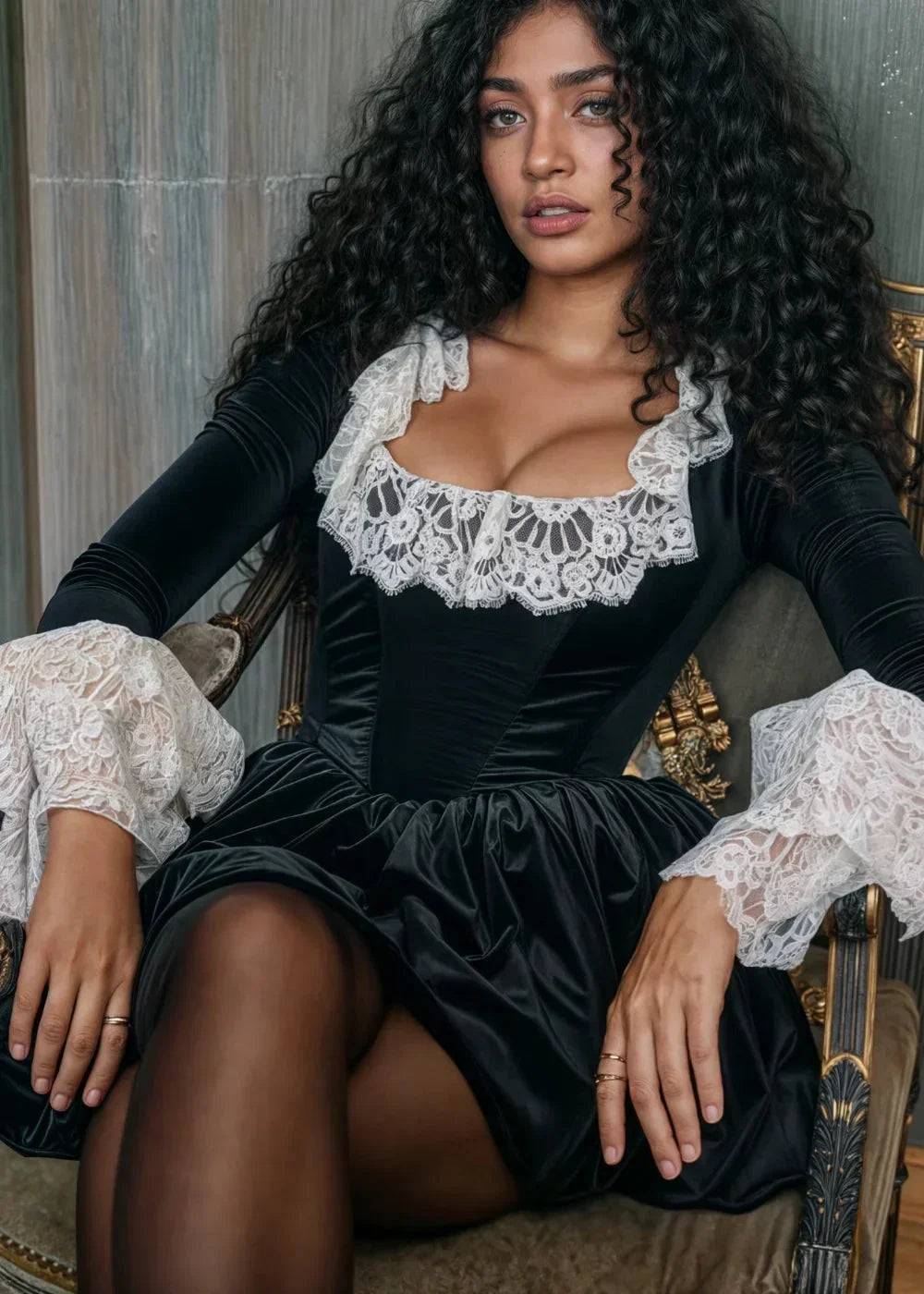Robe Courte Noire Dentelle Col Carré Manches Longues Soirée | ROBEMODE