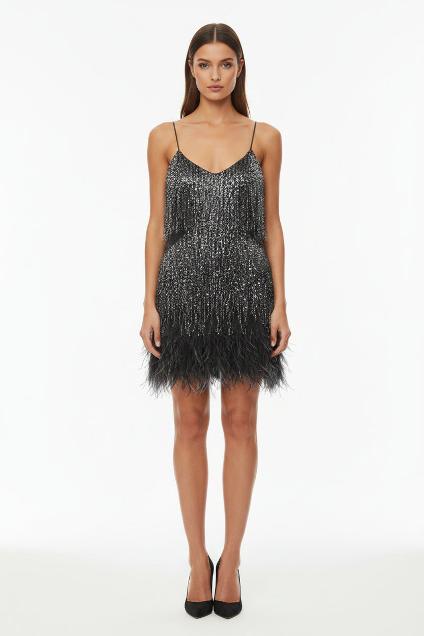 Robe Courte Franges Scintillantes Bretelles Fines Grande Taille | ROBEMODE