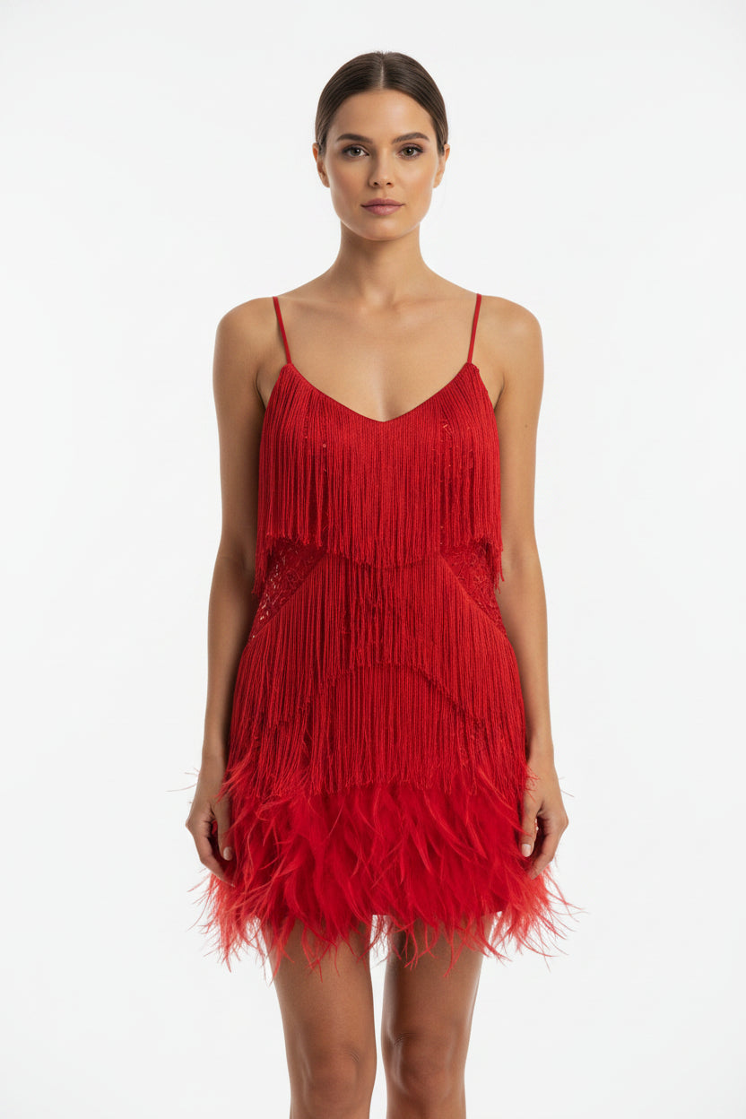 Robe Courte Franges Scintillantes Bretelles Fines Grande Taille | ROBEMODE