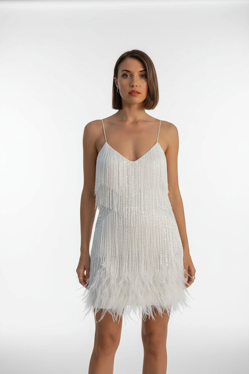 Robe Courte Franges Scintillantes Bretelles Fines Grande Taille | ROBEMODE