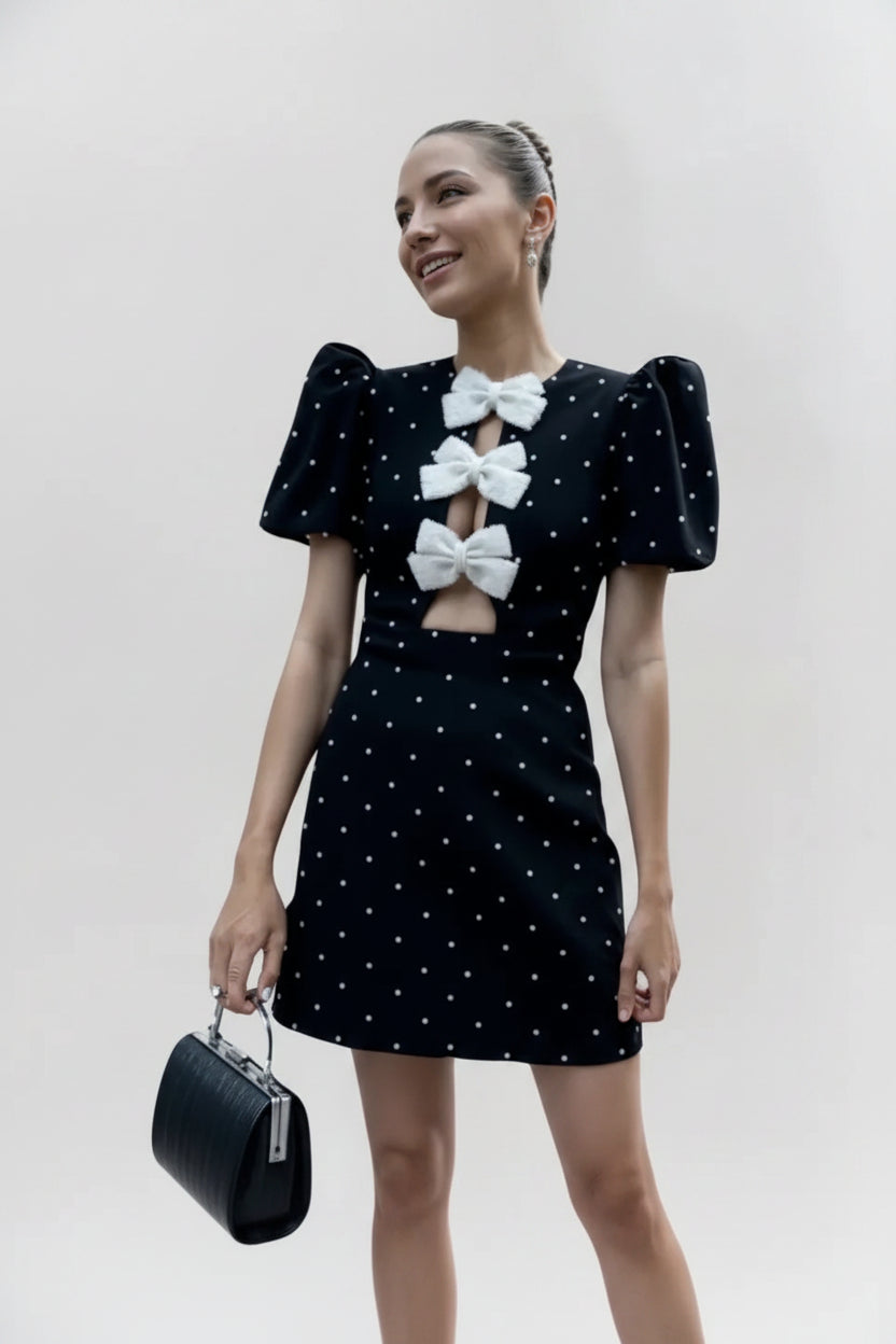 Robe Courte Soirée Nœuds Décoratifs Pois 3 Coloris | ROBEMODE