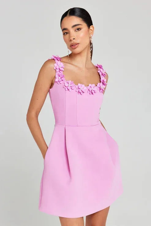 Robe Courte Rose Sans Manches Encolure Florale Femme | Ajustée Été Fête | ROBEMODE