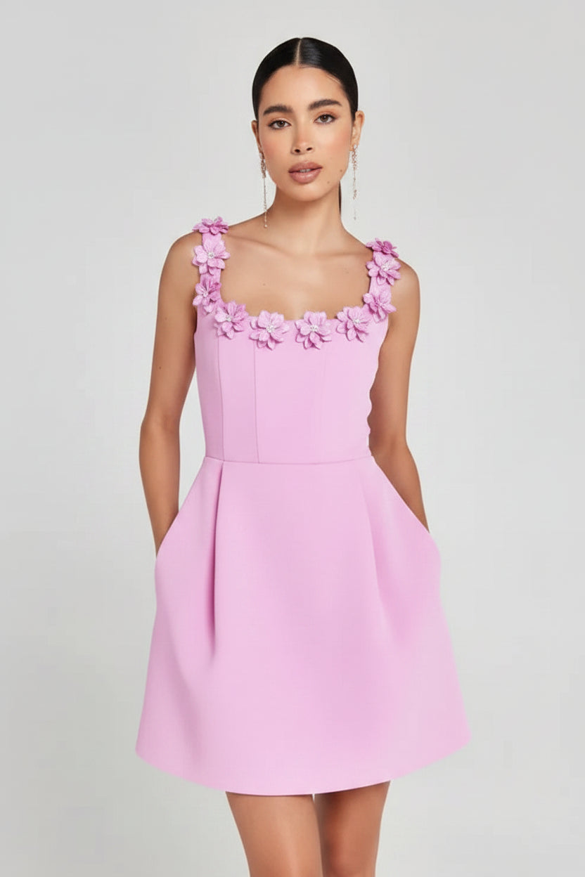 Robe Courte Rose Sans Manches Encolure Florale Femme | Ajustée Été Fête | ROBEMODE