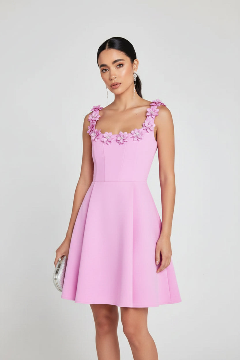 Robe Courte Rose Sans Manches Encolure Florale Femme | Ajustée Été Fête | ROBEMODE