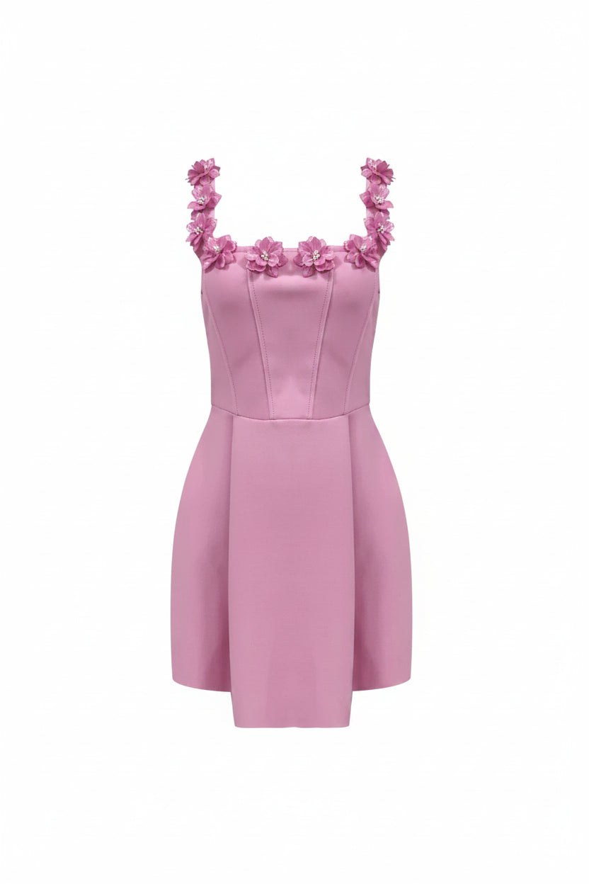 Robe Courte Rose Sans Manches Encolure Florale Femme | Ajustée Été Fête | ROBEMODE