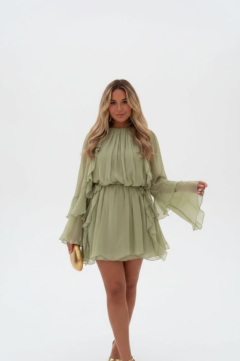 Robe Courte Femme Vert Clair Volantée Manches Longues Soirée | ROBEMODE