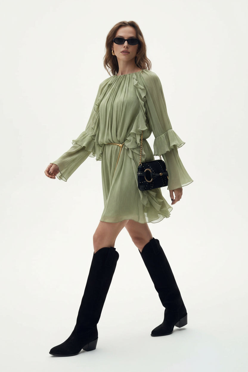 Robe Courte Femme Vert Clair Volantée Manches Longues Soirée | ROBEMODE