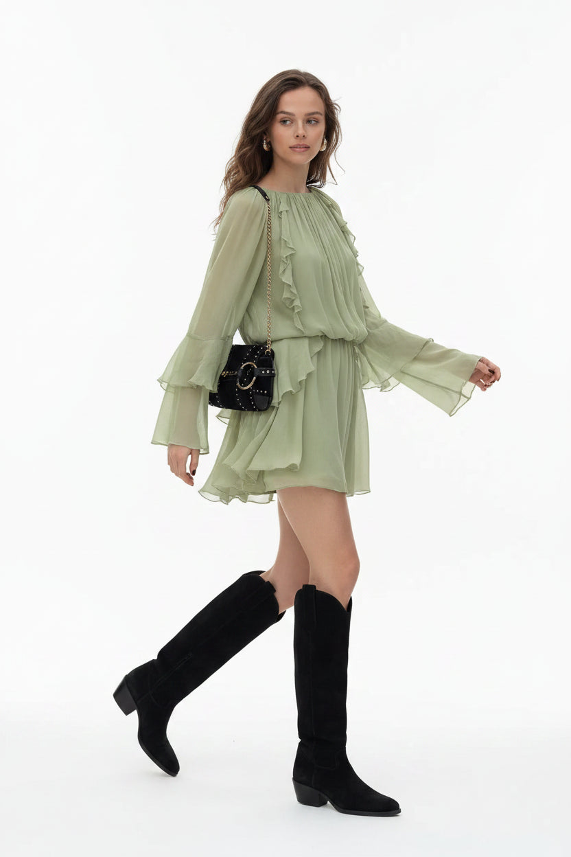 Robe Courte Femme Vert Clair Volantée Manches Longues Soirée | ROBEMODE