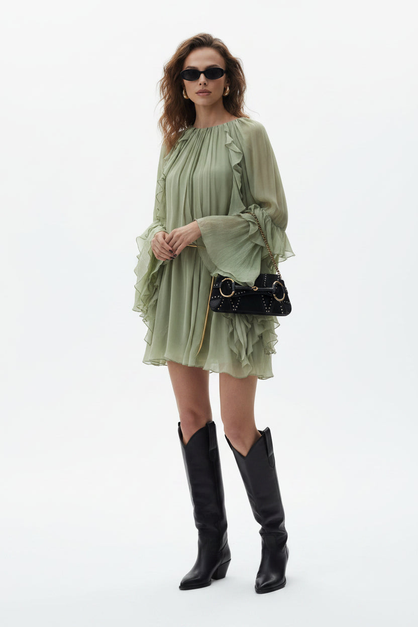 Robe Courte Femme Vert Clair Volantée Manches Longues Soirée | ROBEMODE