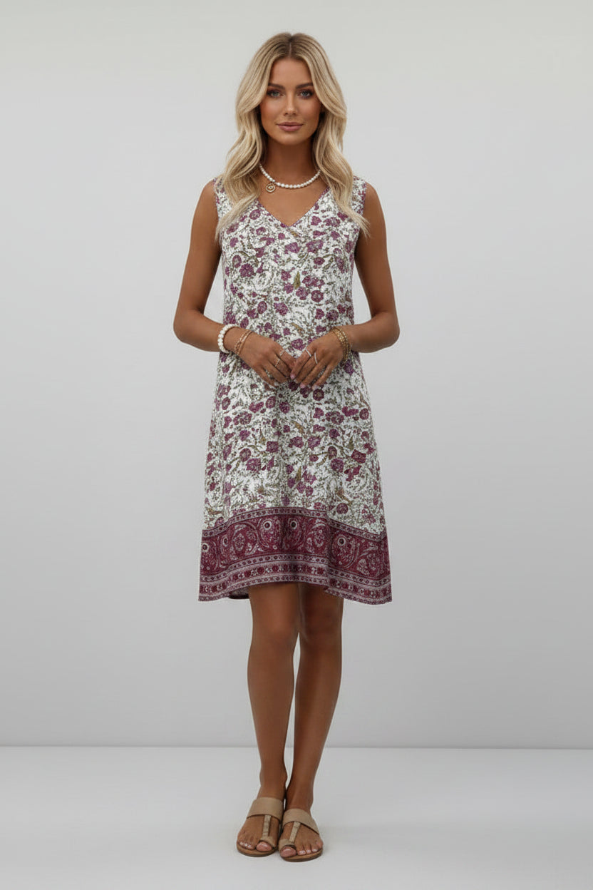 Robe courte femme sans manches imprimé floral col V | Coupe féminine + Style élégant + Facile à accessoiriser – ROBEMODE