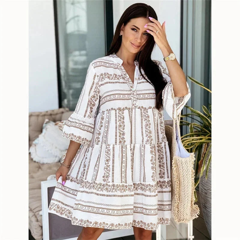 Robe courte femme évasée à motifs col V manches larges | ROBEMODE