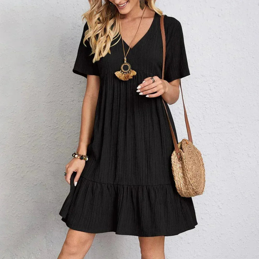 Robe courte femme col en V volantée manches courtes | ROBEMODE