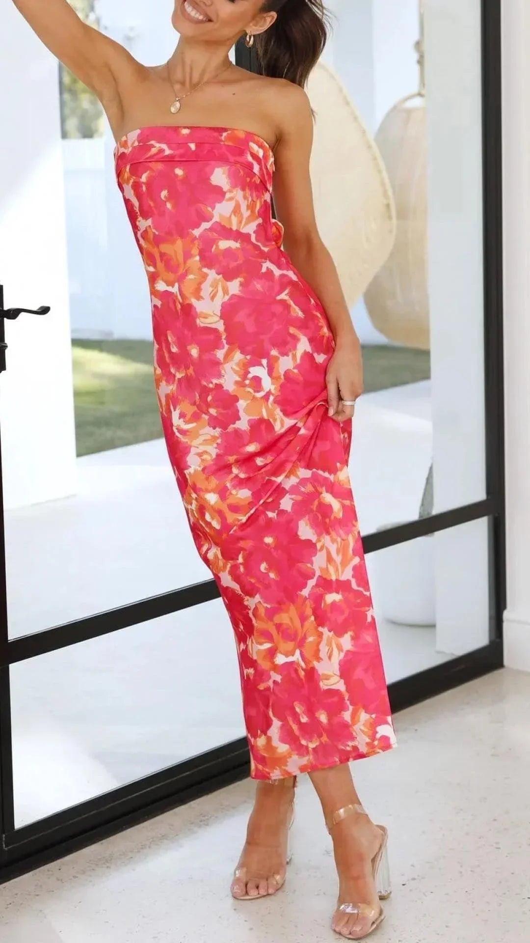 Robe Longue Florale Satinée Sans Bretelles Soirée 5 Coloris | ROBEMODE