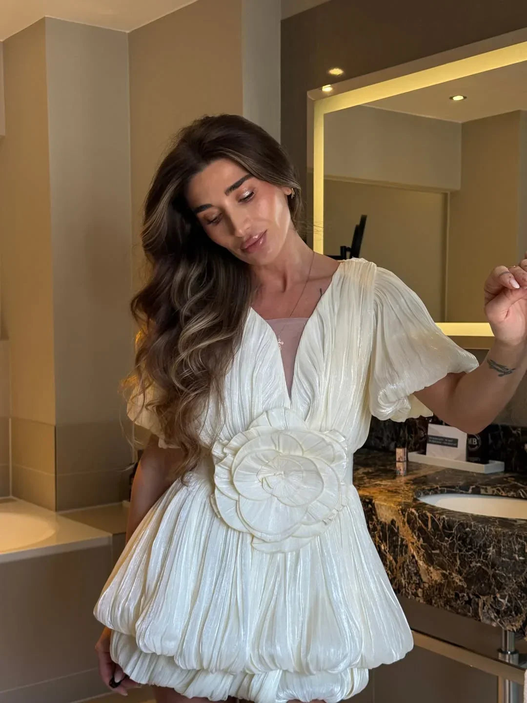 Robe Courte Soirée Plissée Ivoire 1 Coloris | ROBEMODE