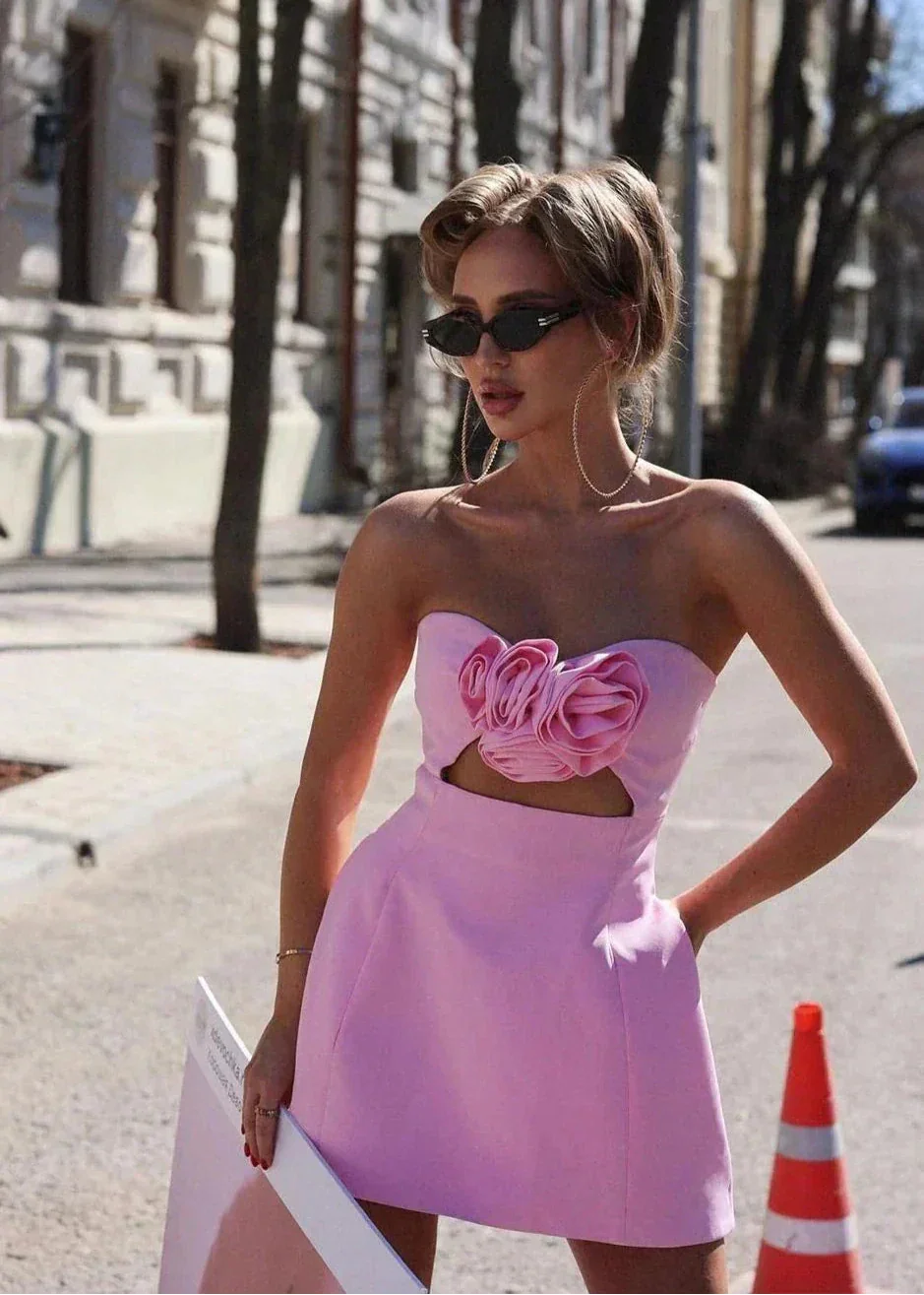 Robe Courte Soirée Bustier Fleurs Rose 1 Coloris | ROBEMODE