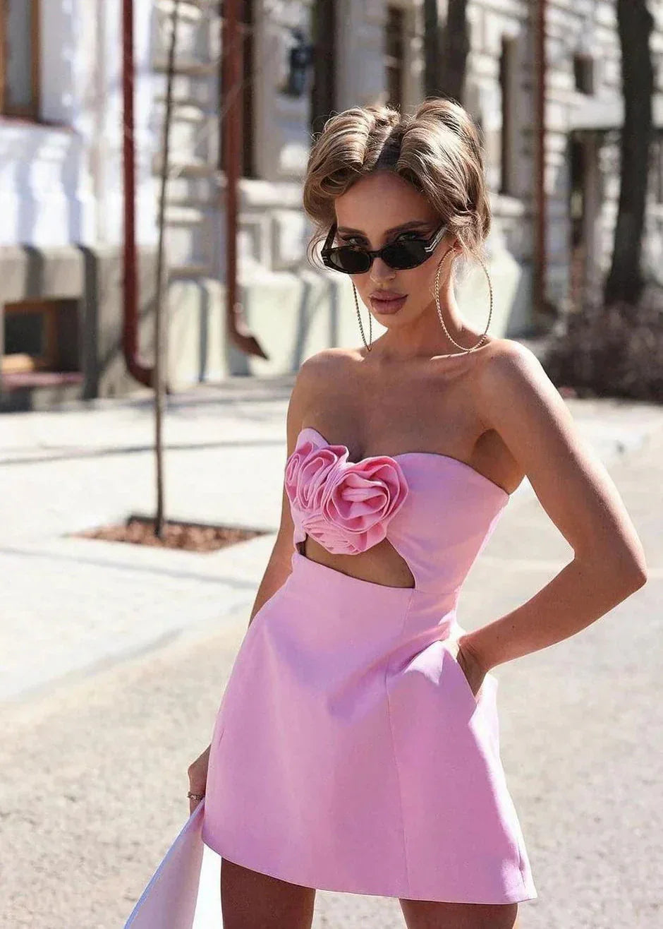 Robe Courte Soirée Bustier Fleurs Rose 1 Coloris | ROBEMODE