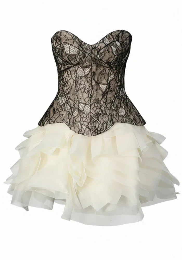 Robe Courte Soirée Bustier Dentelle Ivoire 1 Coloris | ROBEMODE
