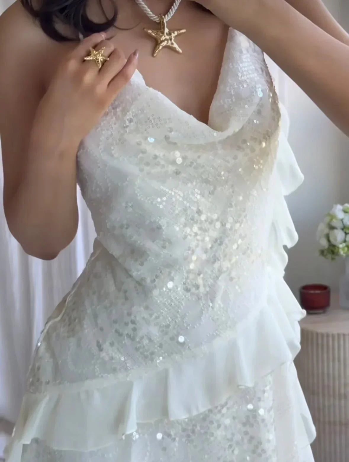Robe Courte Été Femme Blanche à Sequins 1 Coloris | ROBEMODE