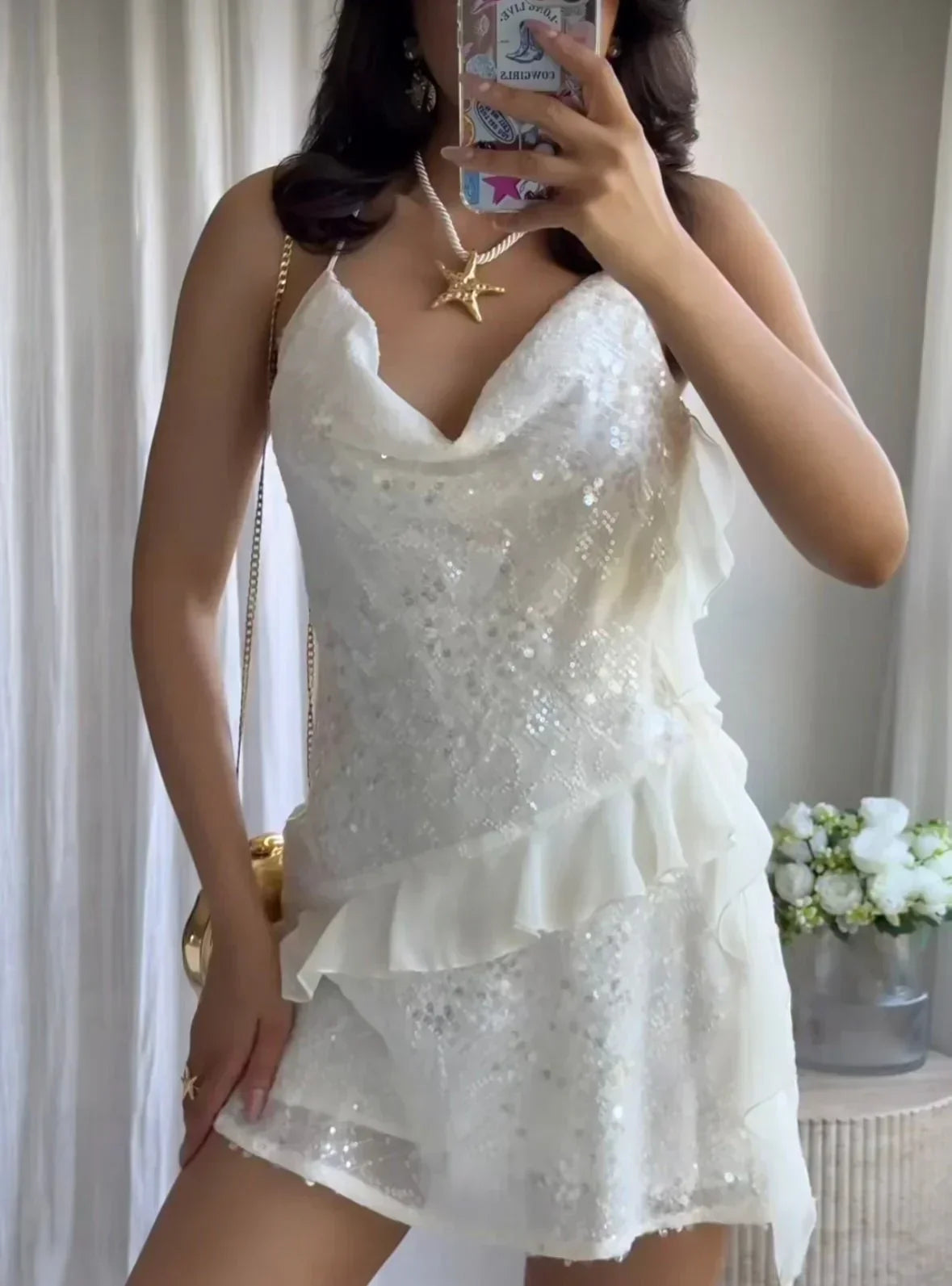 Robe Courte Été Femme Blanche à Sequins 1 Coloris | ROBEMODE