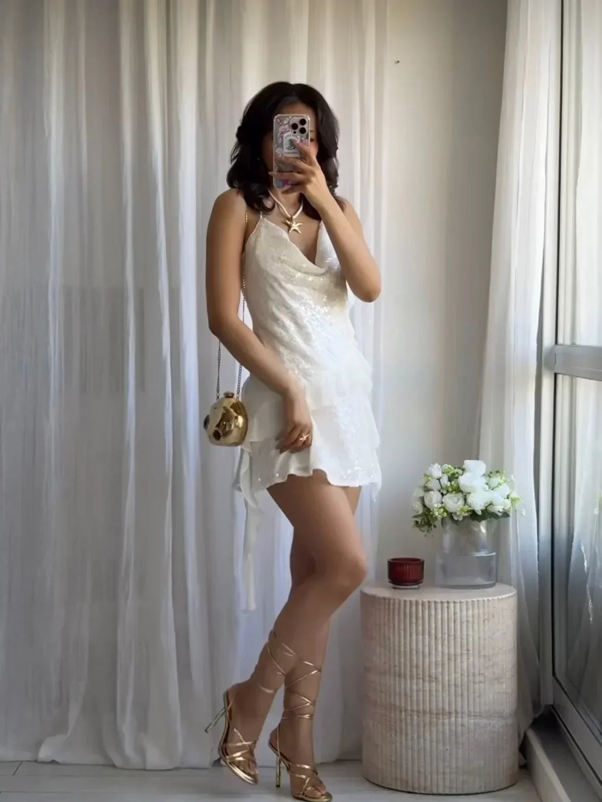 Robe Courte Été Femme Blanche à Sequins 1 Coloris | ROBEMODE