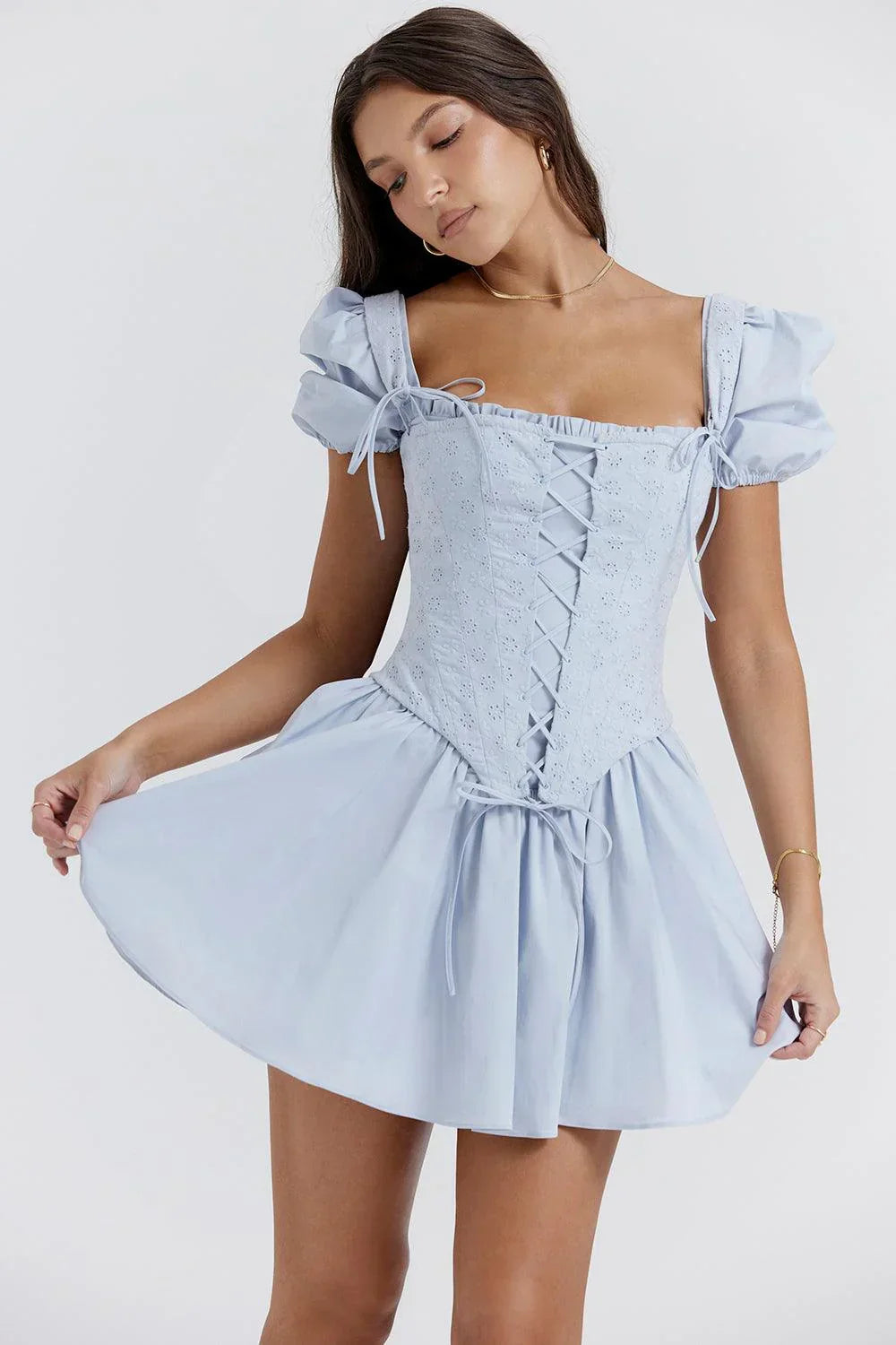 Robe Courte Été Bleue Corset Brodé 1 Coloris | ROBEMODE