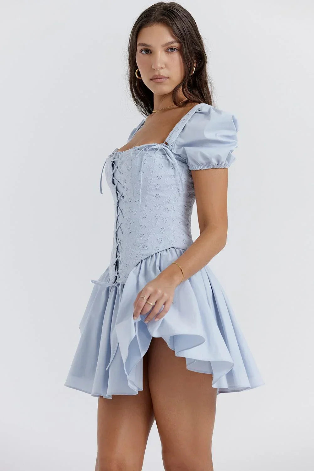Robe Courte Été Bleue Corset Brodé 1 Coloris | ROBEMODE