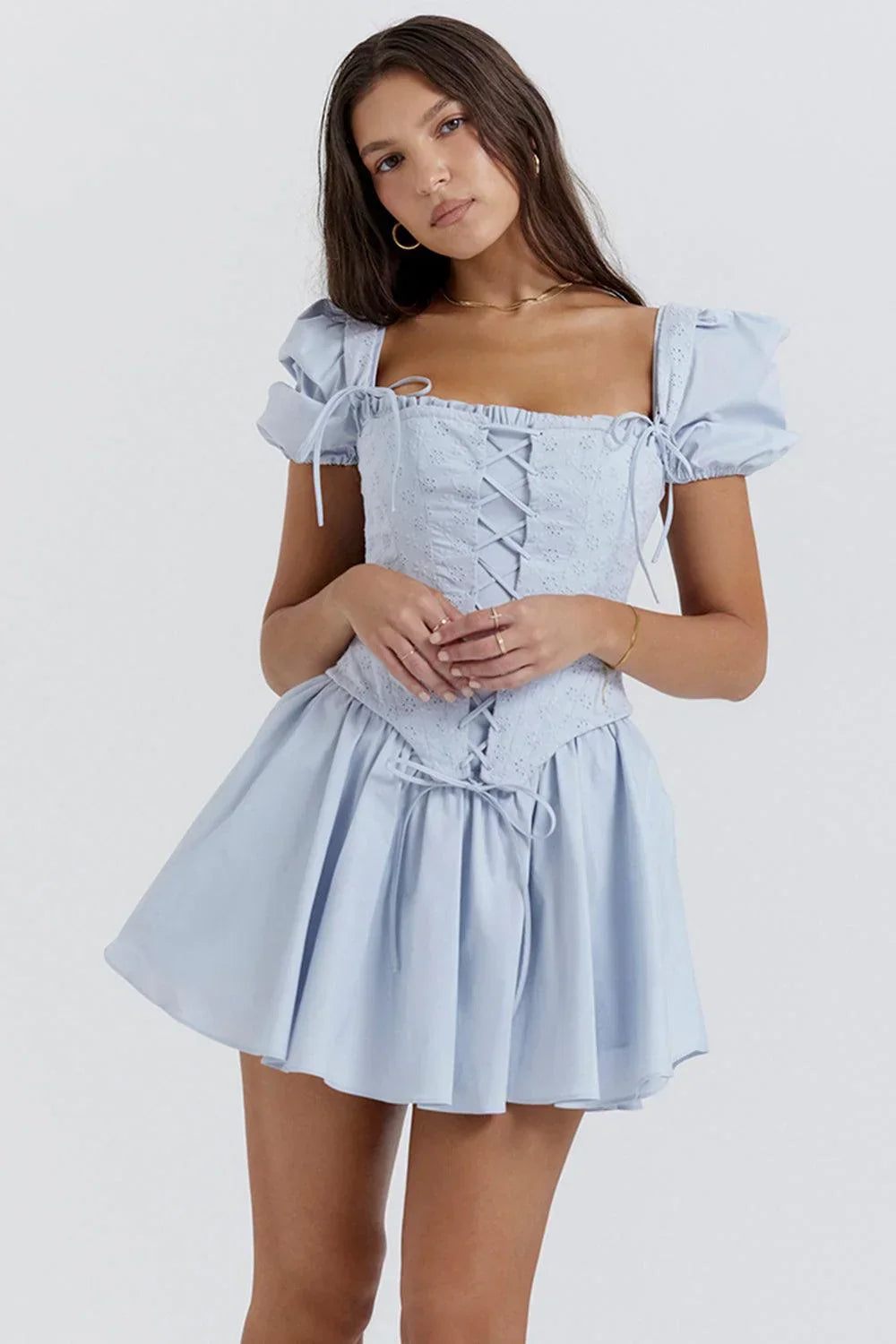 Robe Courte Été Bleue Corset Brodé 1 Coloris | ROBEMODE