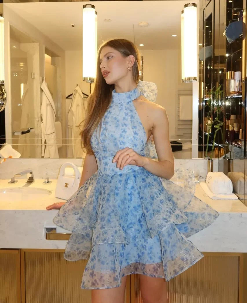 Robe Courte Été Bleue Fleurie Nouée 1 Coloris | ROBEMODE