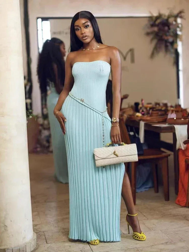 Robe longue été femme bleue plissée sans bretelles | ROBEMODE