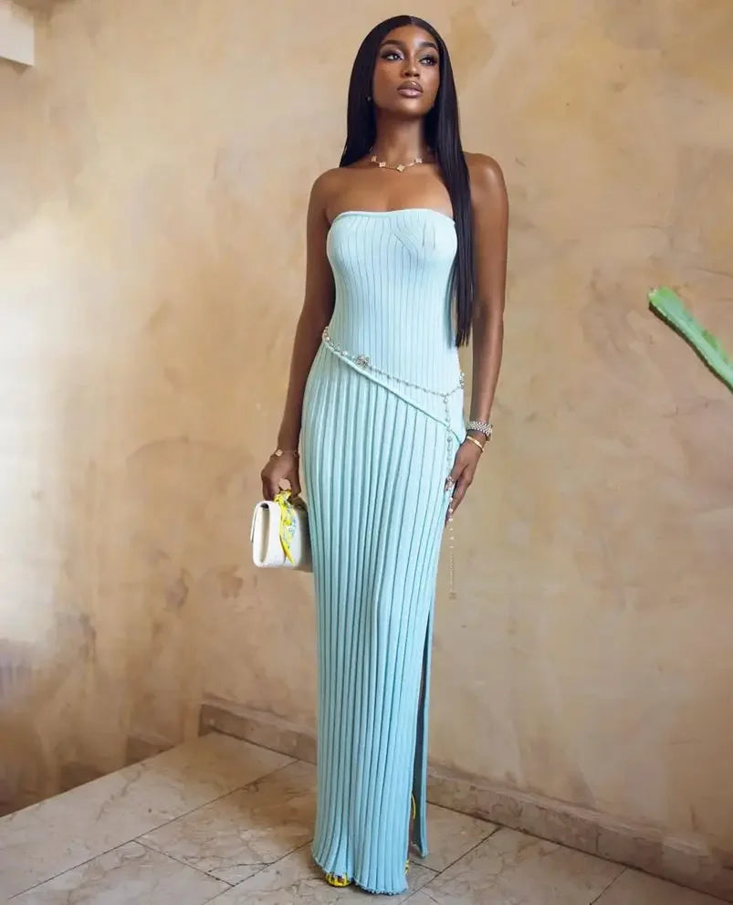 Robe longue été femme bleue plissée sans bretelles | ROBEMODE