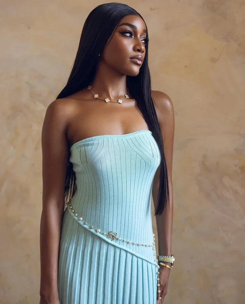 Robe longue été femme bleue plissée sans bretelles | ROBEMODE