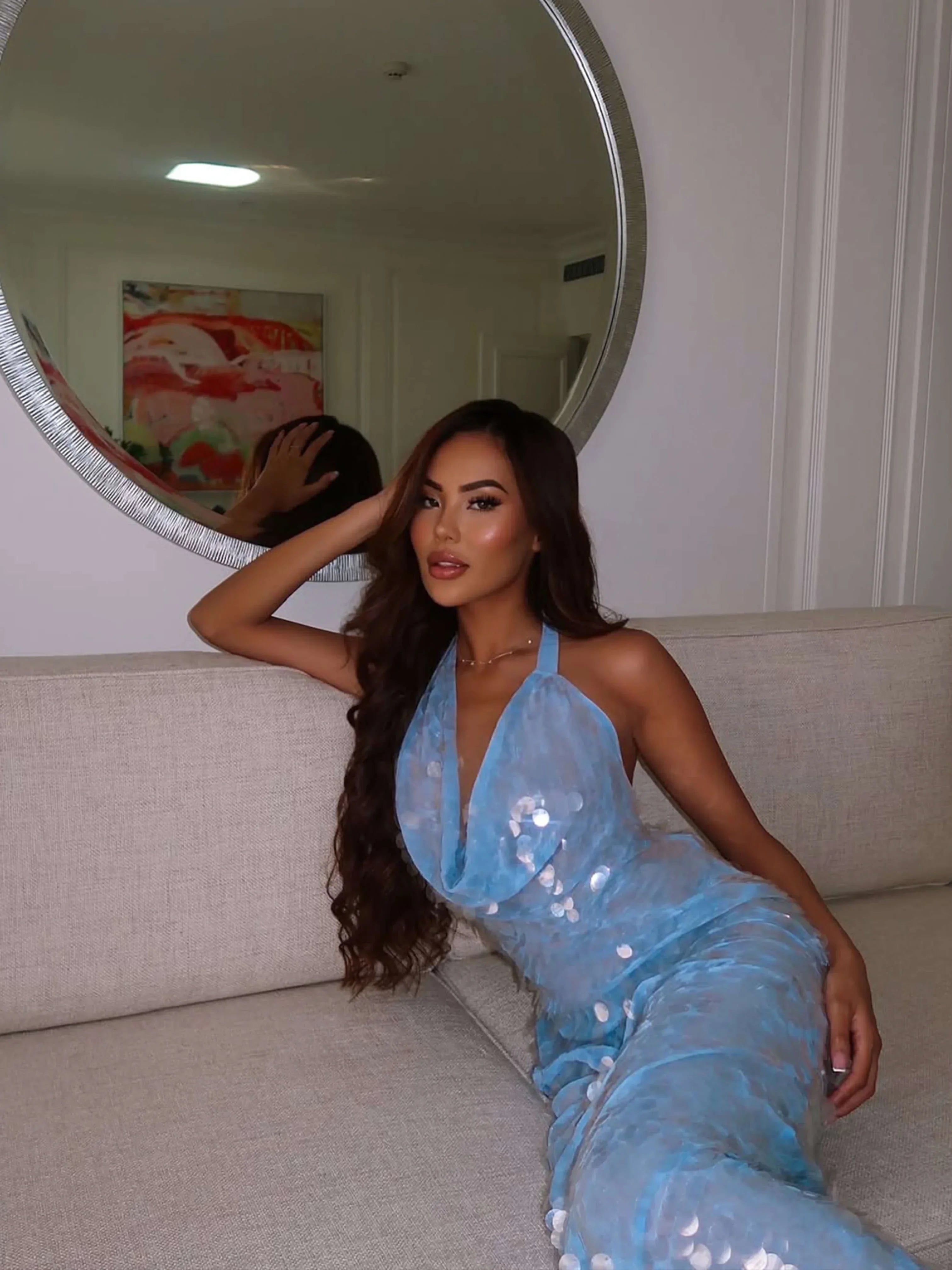 Robe Longue Été Femme Bleue Sequins Soirée | ROBEMODE