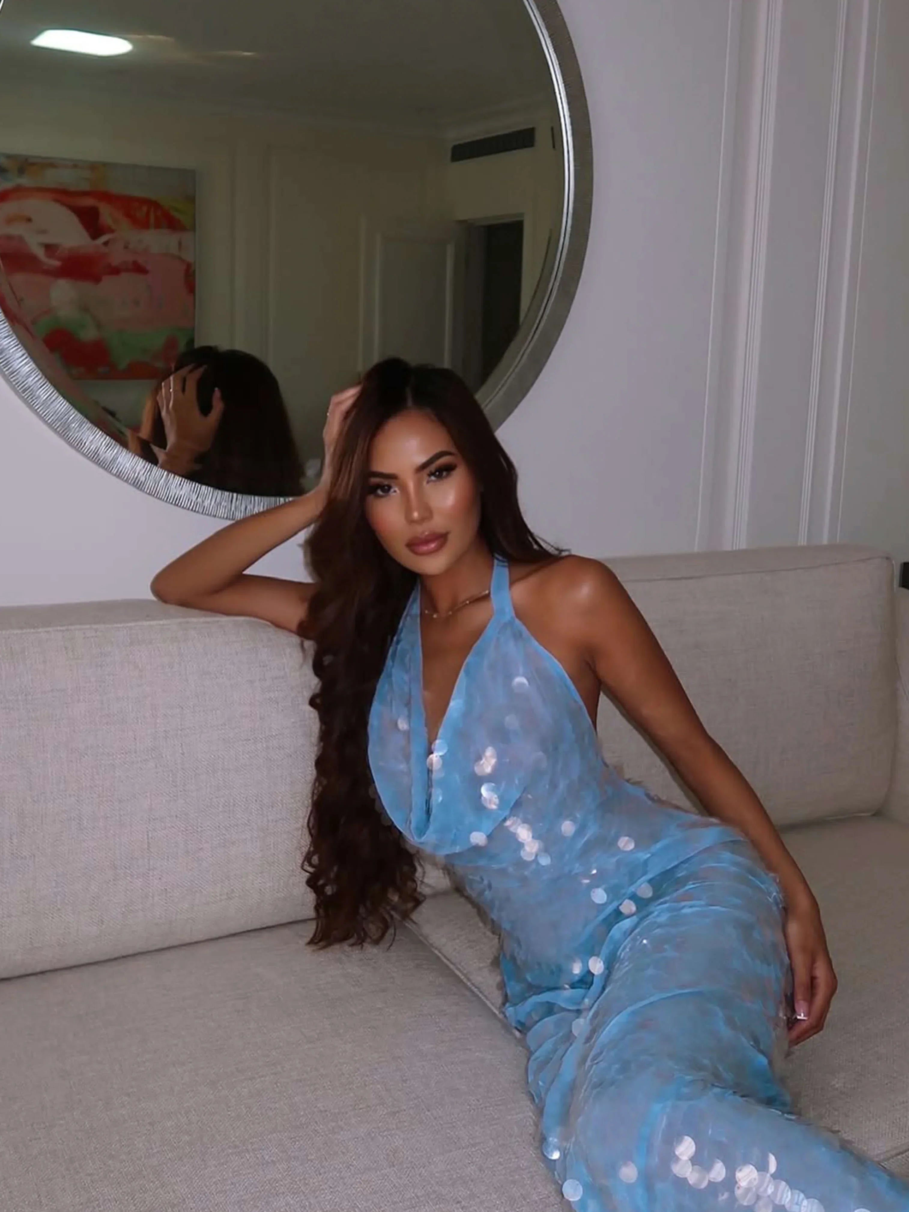 Robe Longue Été Femme Bleue Sequins Soirée | ROBEMODE