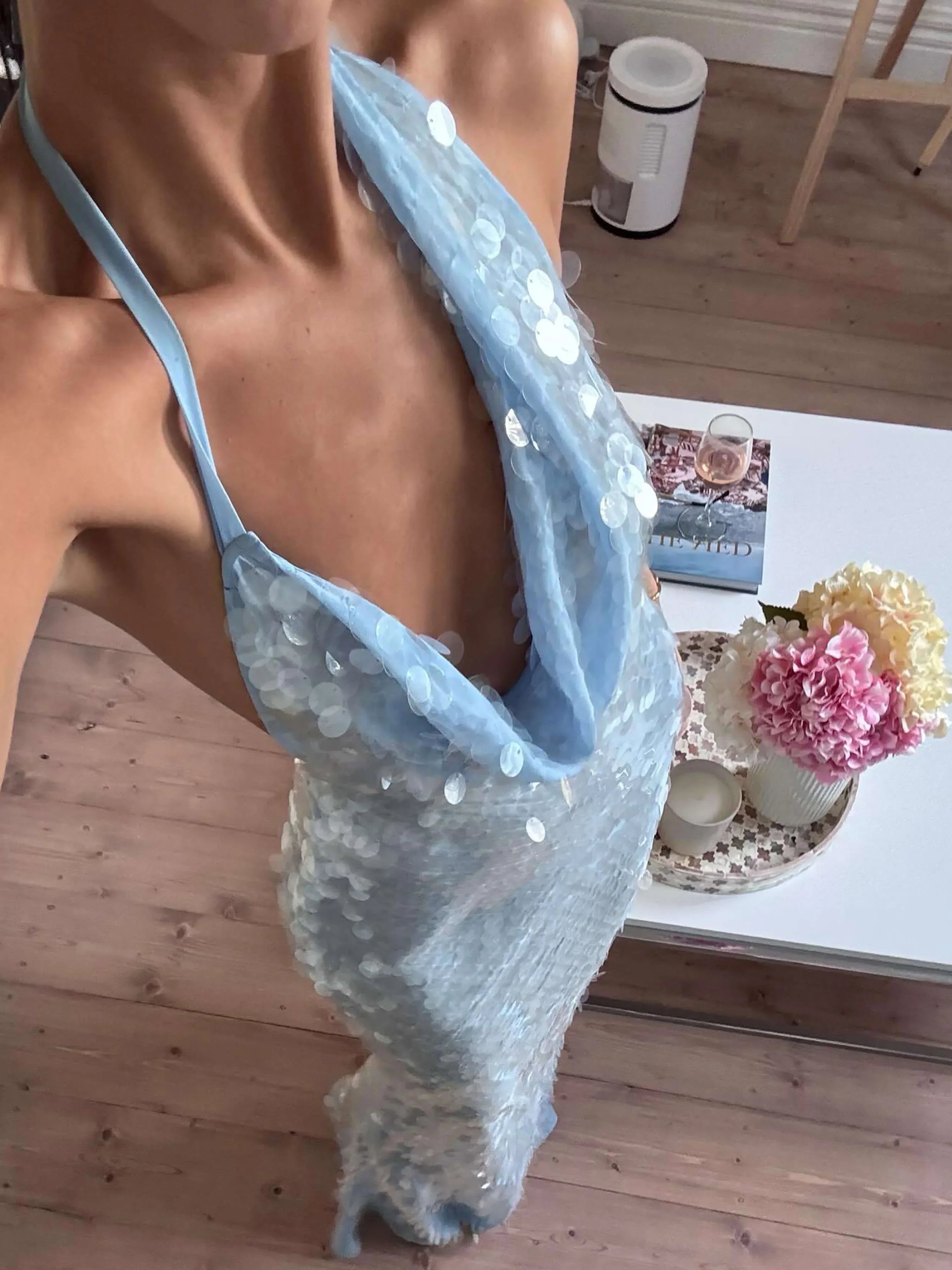 Robe Longue Été Femme Bleue Sequins Soirée | ROBEMODE