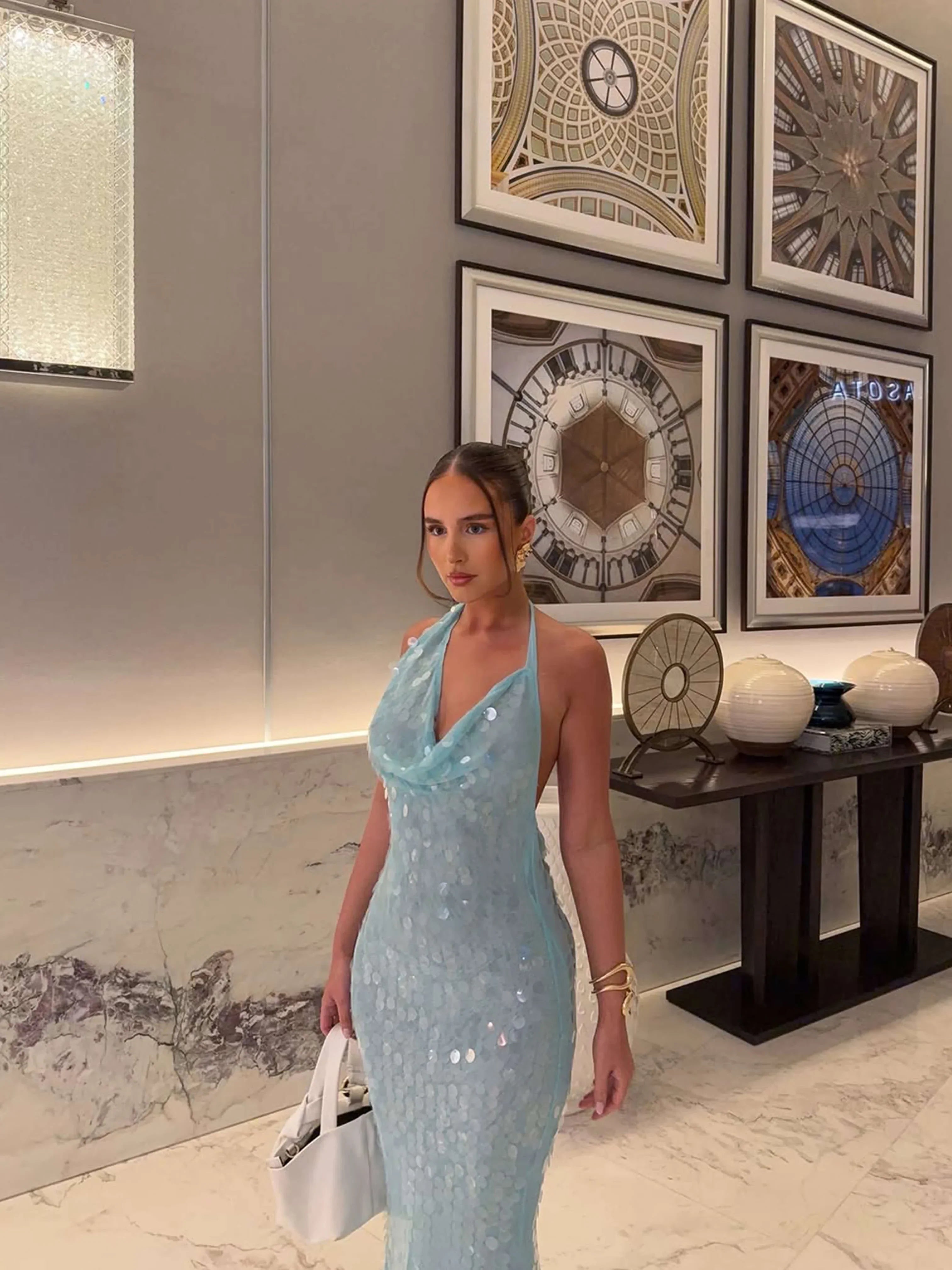 Robe Longue Été Femme Bleue Sequins Soirée | ROBEMODE
