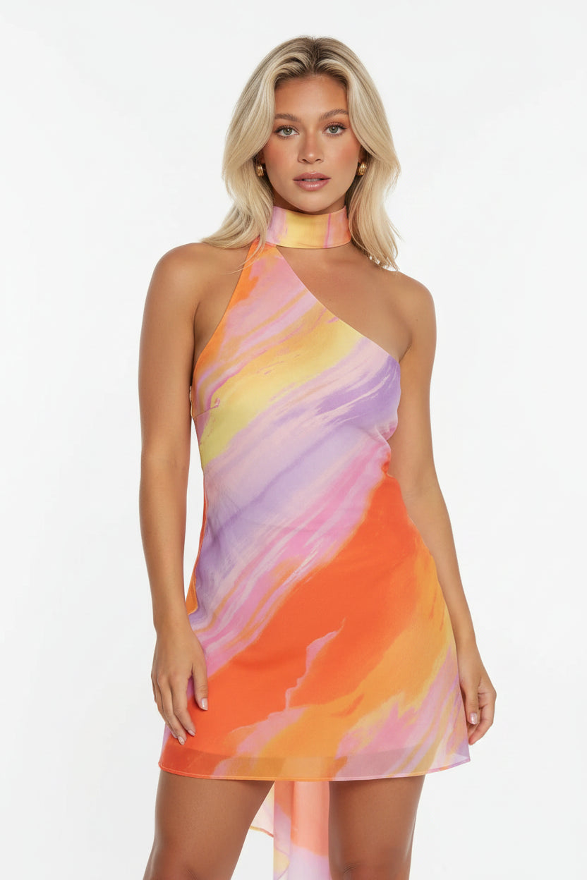 Robe Courte Satin Asymétrique Multicolore Été | ROBEMODE