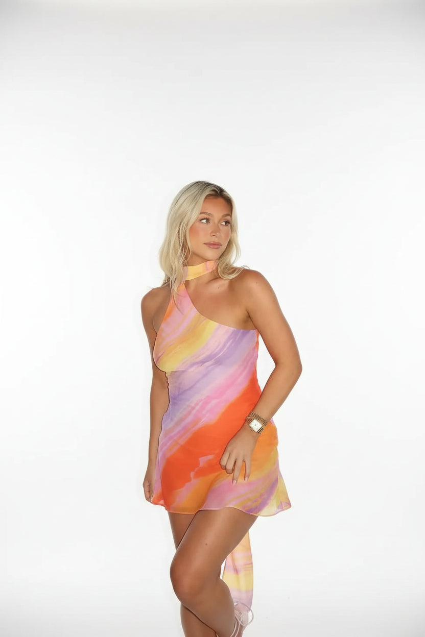 Robe Courte Satin Asymétrique Multicolore Été | ROBEMODE