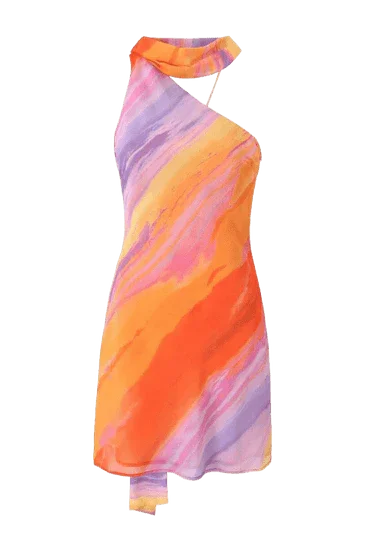Robe Courte Satin Asymétrique Multicolore Été | ROBEMODE