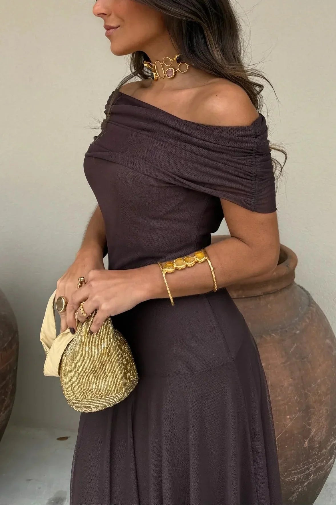 Robe longue été femme plissée une épaule | ROBEMODE