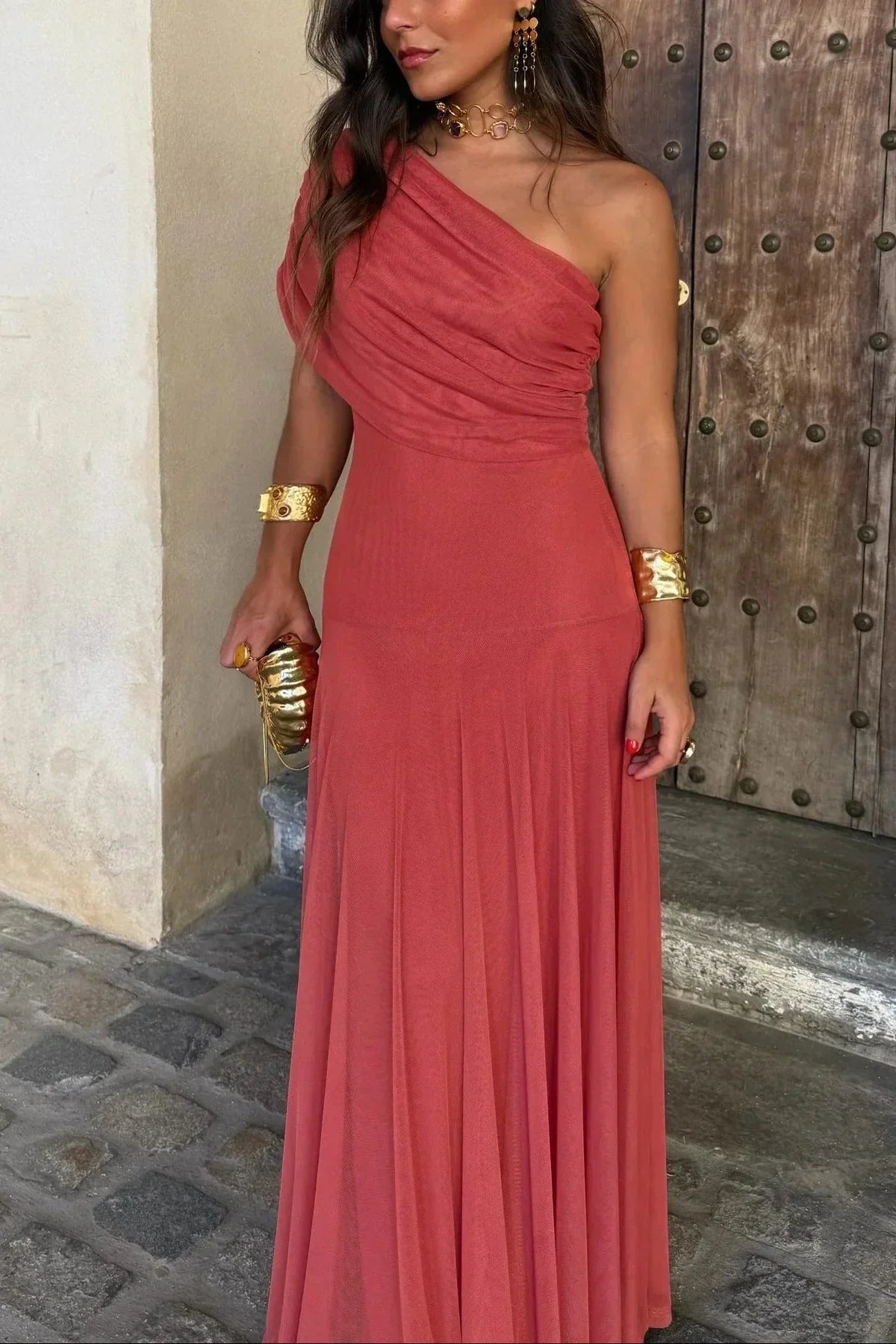Robe longue été femme plissée une épaule | ROBEMODE