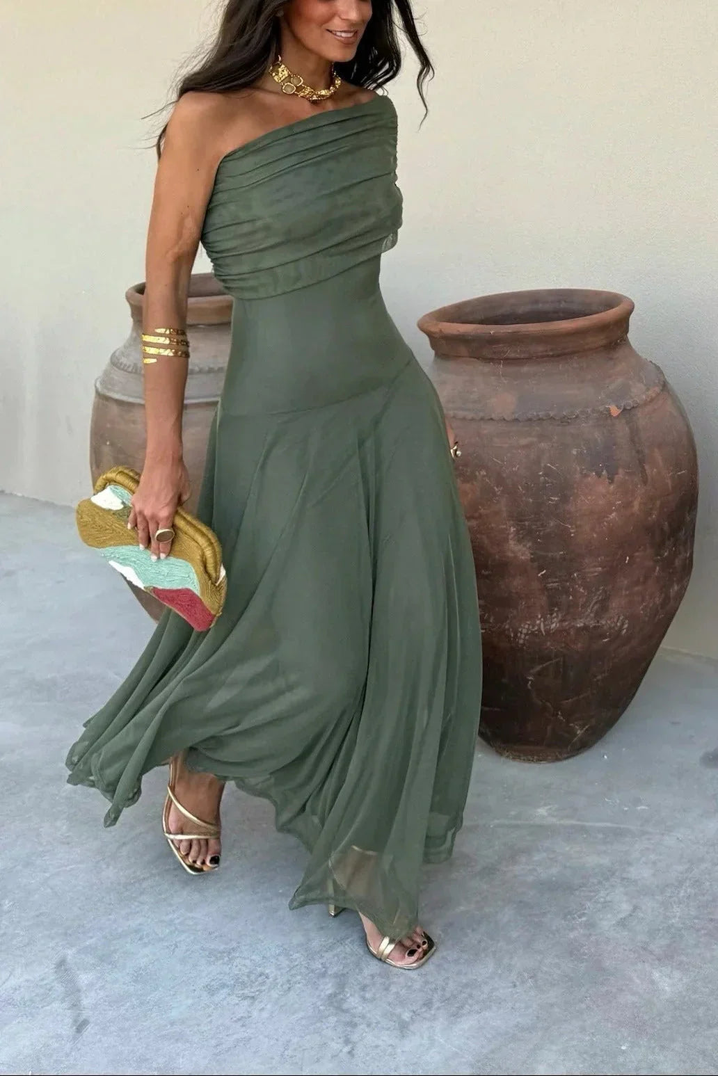 Robe longue été femme plissée une épaule | ROBEMODE