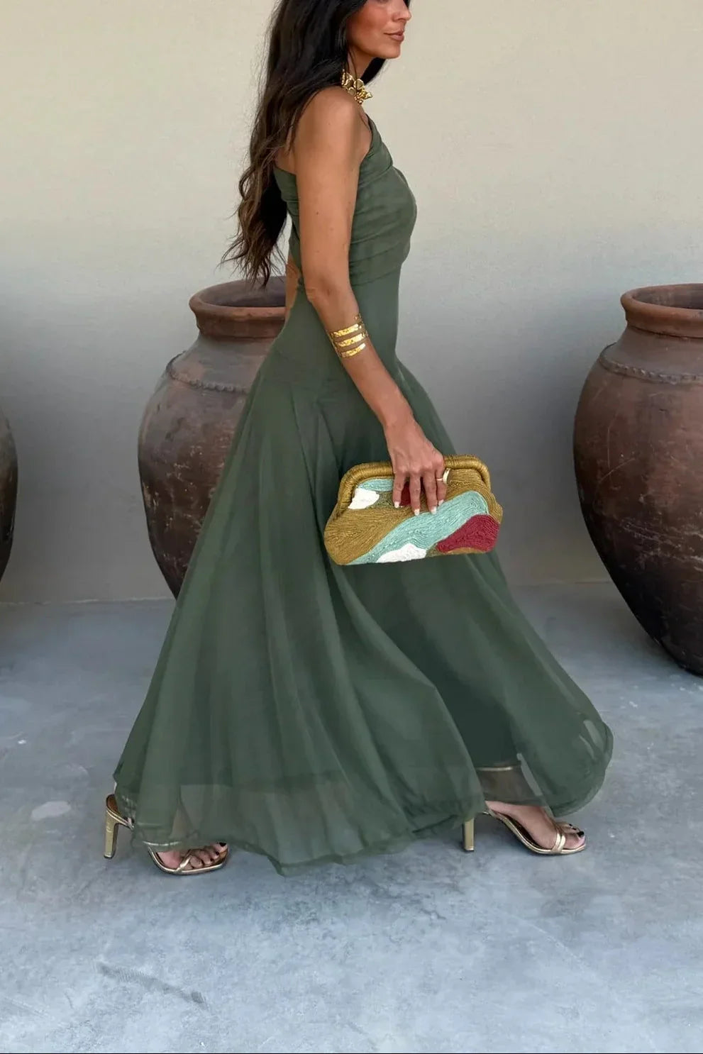 Robe longue été femme plissée une épaule | ROBEMODE