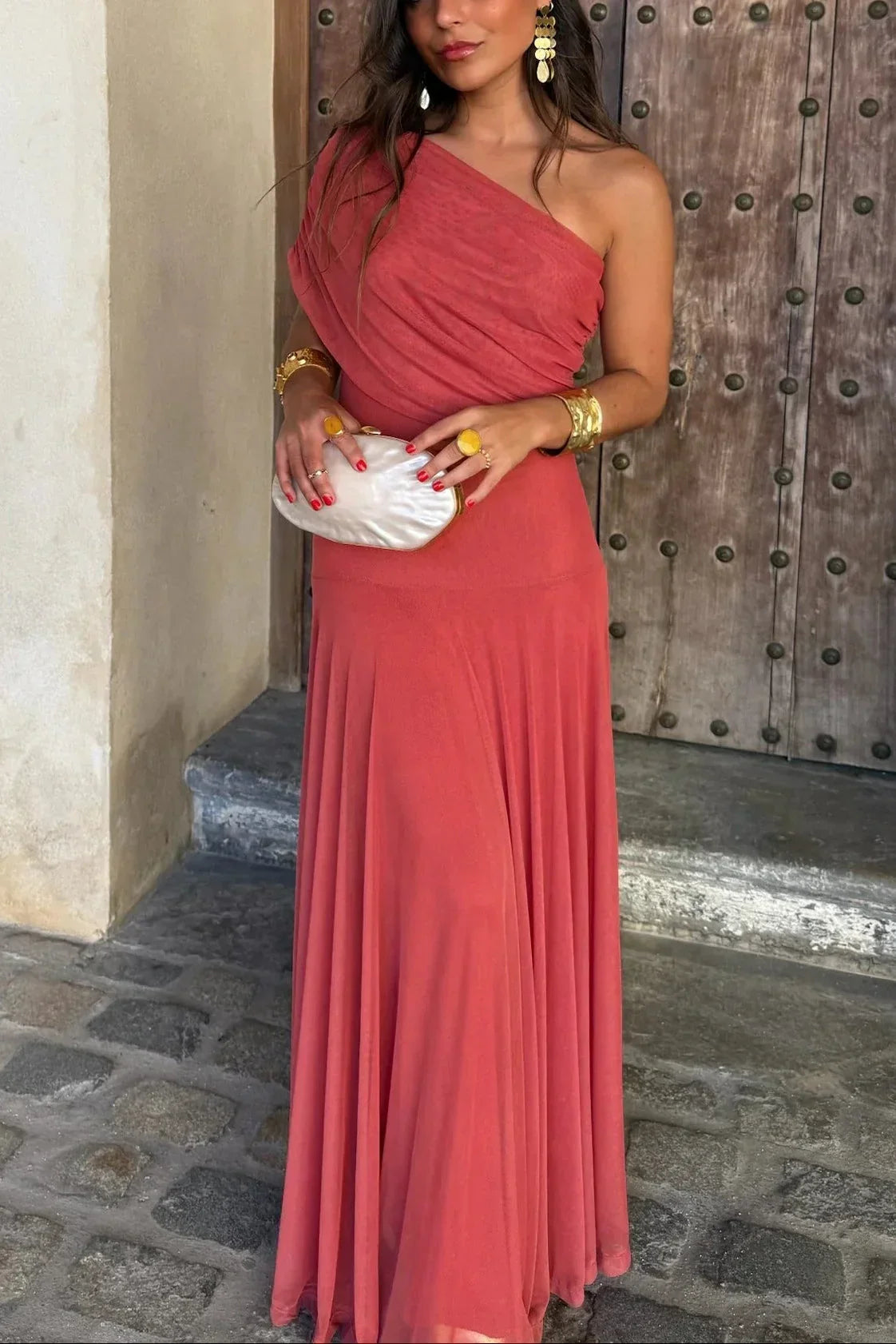 Robe longue été femme plissée une épaule | ROBEMODE