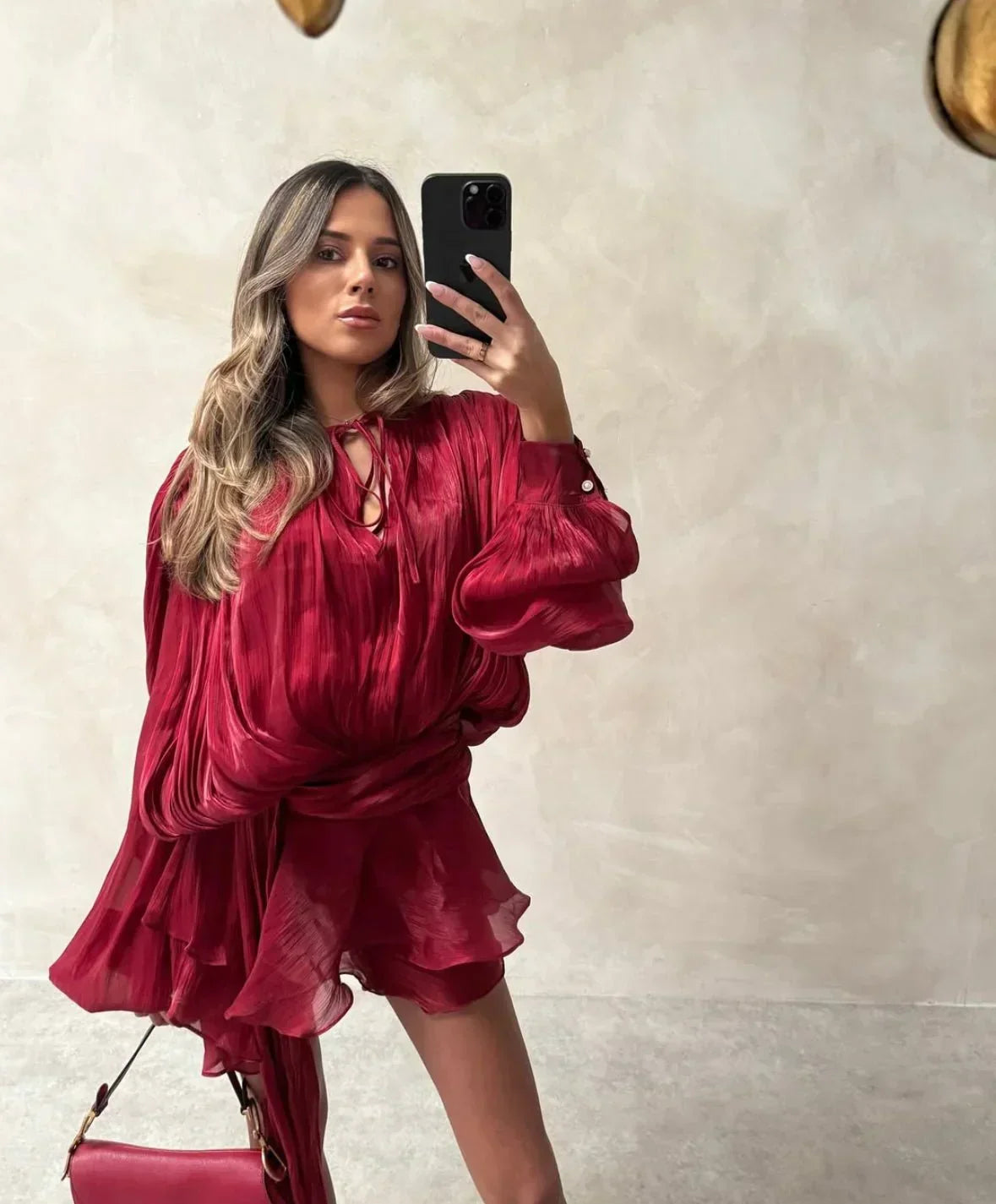 Robe Courte Été Plissée Manches Bouffantes | Champagne Rose Rouge Noir + S-XL | ROBEMODE