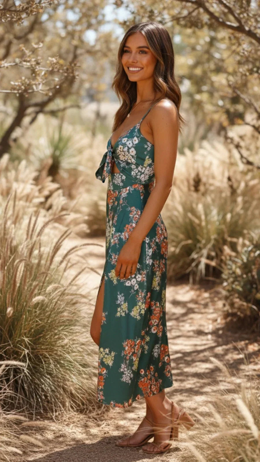 Robe midi été fleurie verte femme | ROBEMODE