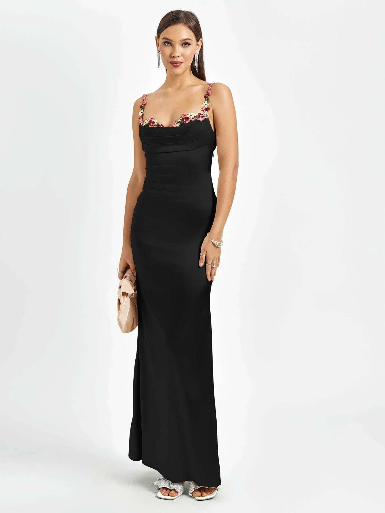 Robe Longue Satinée Ornements Floraux Soirée 4 Coloris | ROBEMODE
