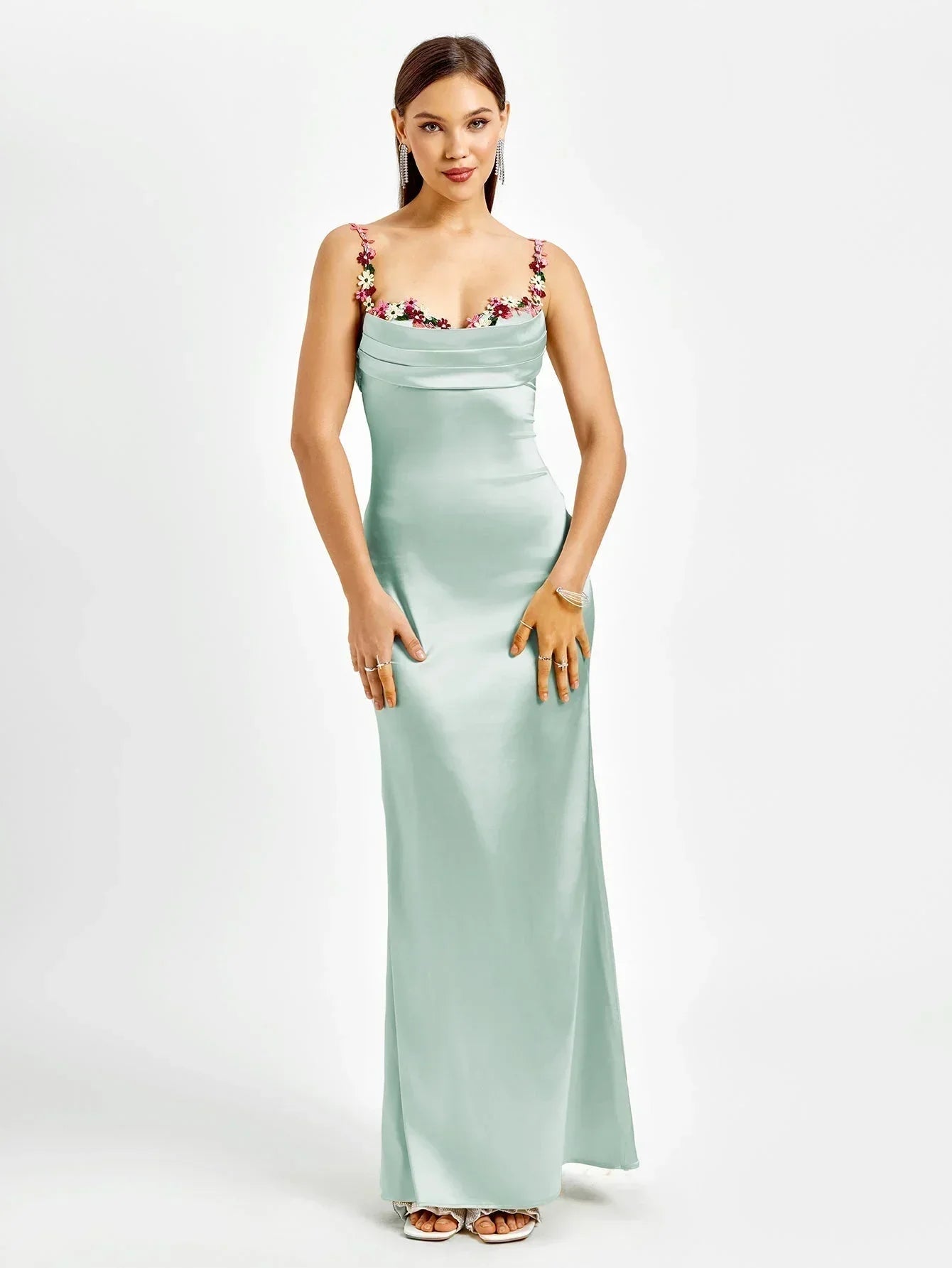 Robe Longue Satinée Ornements Floraux Soirée 4 Coloris | ROBEMODE