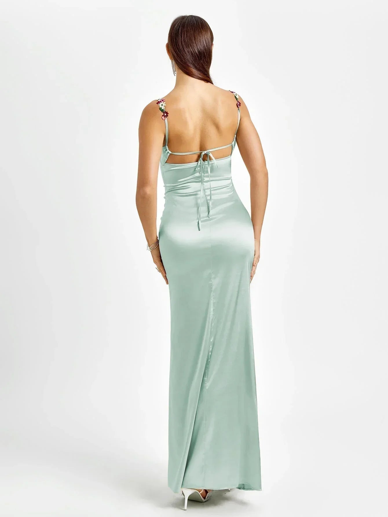 Robe Longue Satinée Ornements Floraux Soirée 4 Coloris | ROBEMODE