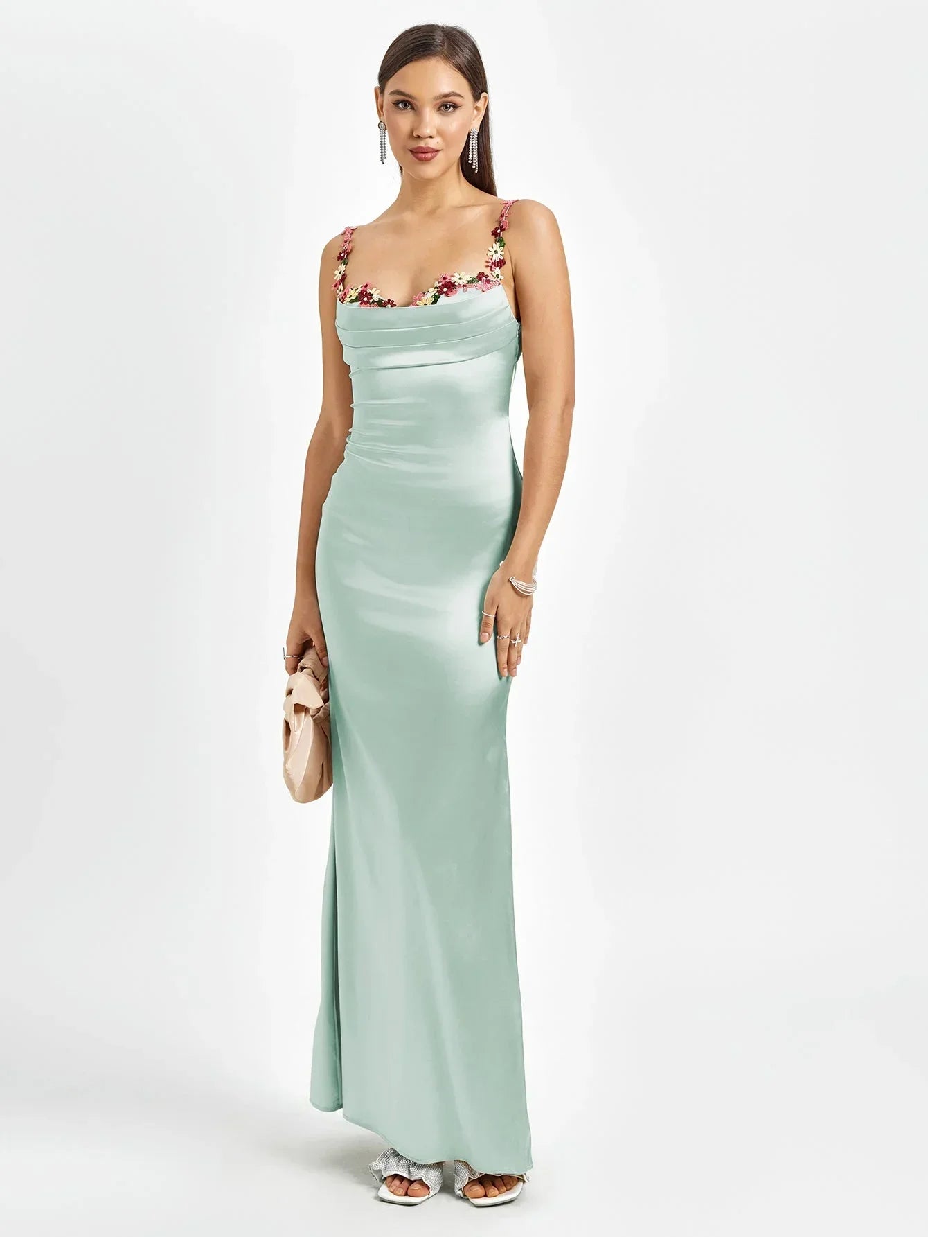 Robe Longue Satinée Ornements Floraux Soirée 4 Coloris | ROBEMODE