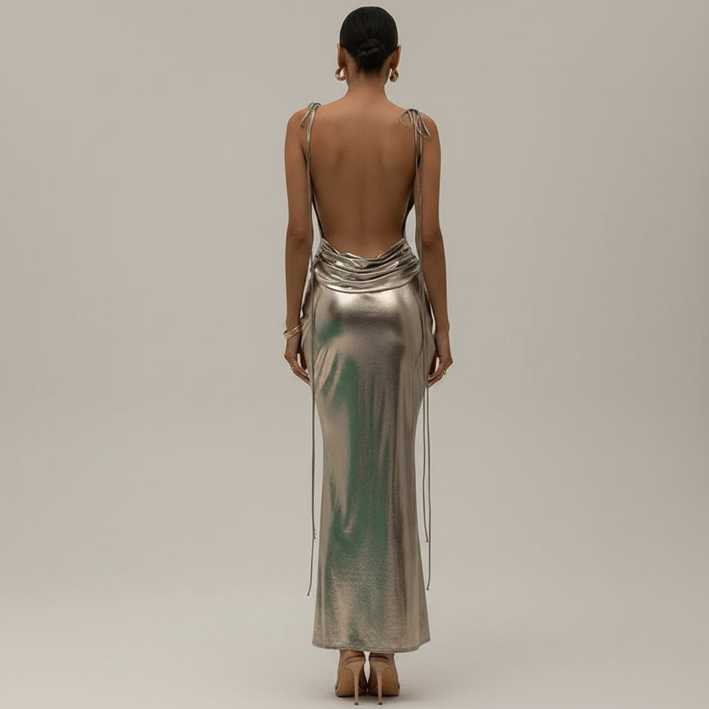 Robe longue femme argentée asymétrique sans manches soirée | Coupe féminine + Style élégant + Facile à accessoiriser – ROBEMODE